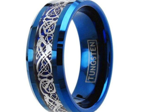 Men 8mm Beveled Edge Comfort-Fit Blue Silver Celtic Dragon Tungsten Wedding Band